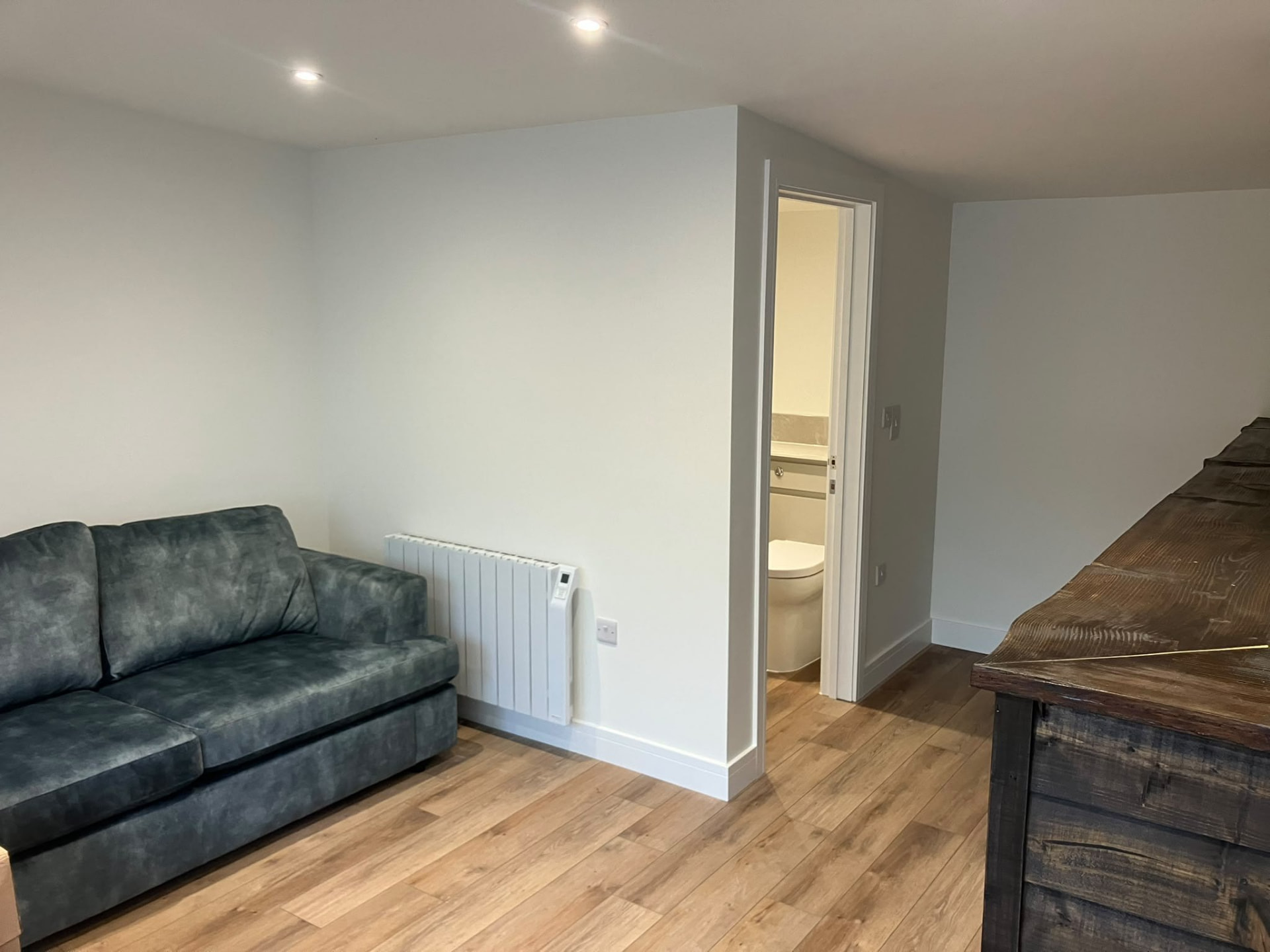 Completed annexe interior with wood-effect flooring and an en-suite off the living space